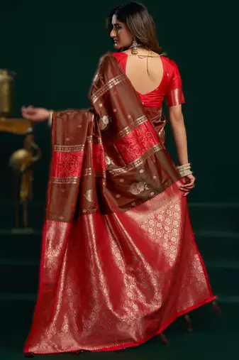 borwn soft art silk blend saree with fancy pumpum border