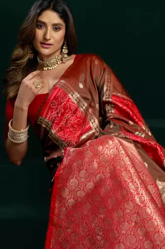borwn soft art silk blend saree with fancy pumpum border