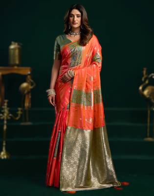 orange soft art silk blend saree with fancy pumpum border 1