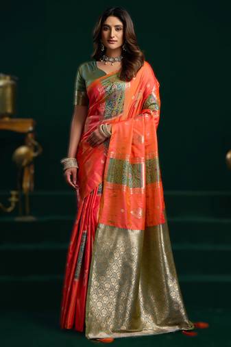 orange soft art silk saree with fancy pumpum border