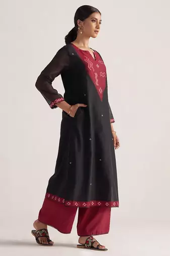 Black and maroon woven kurta set