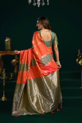 orange soft art silk blend saree with fancy pumpum border 2