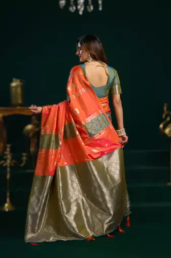 orange soft art silk blend saree with fancy pumpum border