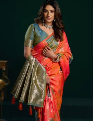 orange soft art silk blend saree with fancy pumpum border 3