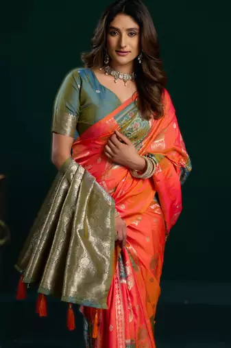 orange soft art silk blend saree with fancy pumpum border