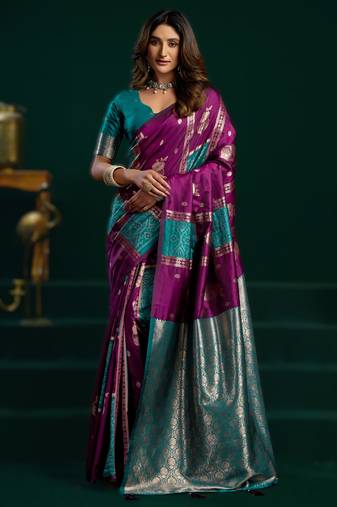 purple soft art silk saree with fancy pumpum border