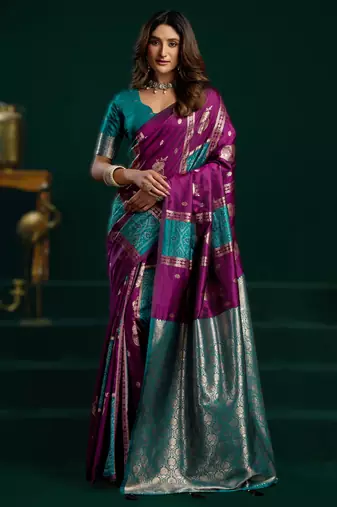 purple soft art silk saree with fancy pumpum border