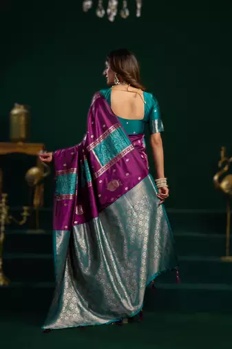 purple soft art silk blend saree with fancy pumpum border