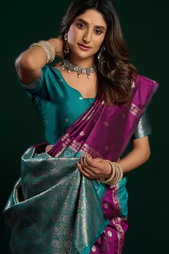 purple soft art silk blend saree with fancy pumpum border
