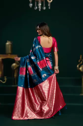 teal soft art silk blend saree with fancy pumpum border