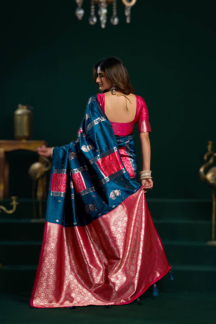 teal soft art silk saree with fancy pumpum border