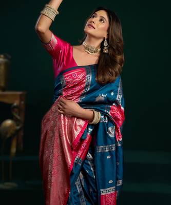 teal soft art silk blend saree with fancy pumpum border 3