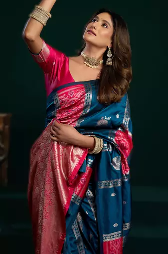 teal soft art silk blend saree with fancy pumpum border