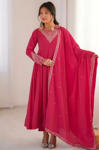 Pink premium pure roman shimmer silk fully flared anarkali suit set with dupatta & pant – wedding ready to wear