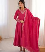 Pink premium pure roman shimmer silk fully flared anarkali suit set with dupatta & pant – wedding ready to wear