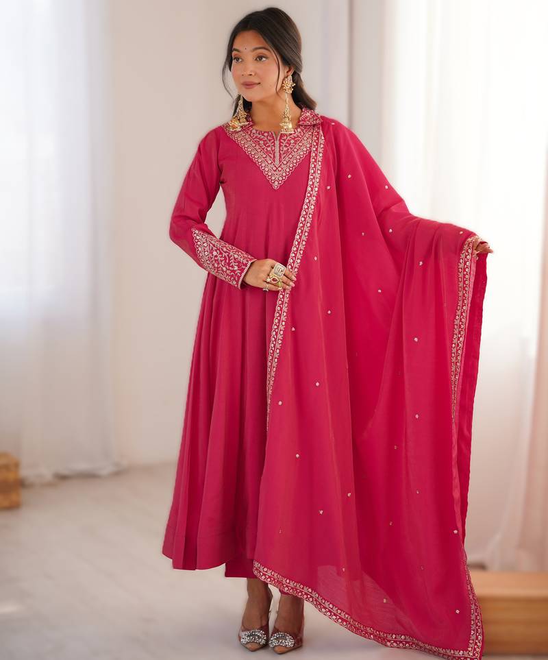 Pink premium pure roman shimmer silk fully flared anarkali suit set with dupatta & pant – wedding ready to wear