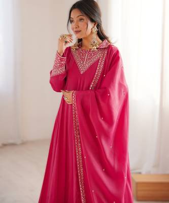 Pink premium pure roman shimmer silk fully flared anarkali suit set with dupatta & pant 3