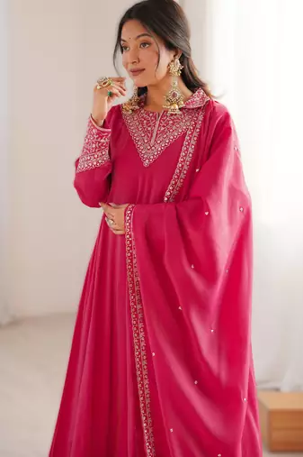 Pink premium pure roman shimmer silk fully flared anarkali suit set with dupatta & pant