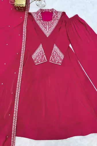 Pink premium pure roman shimmer silk fully flared anarkali suit set with dupatta & pant