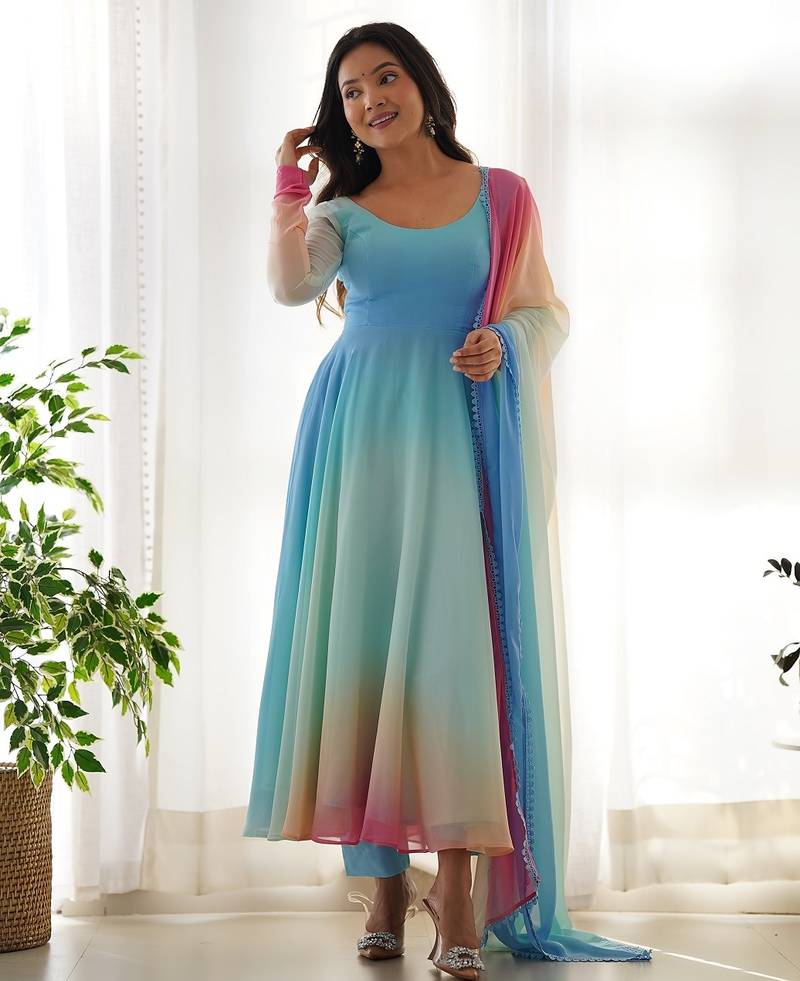 Sky blue -pink color georgette colorfull pedding anarkali set