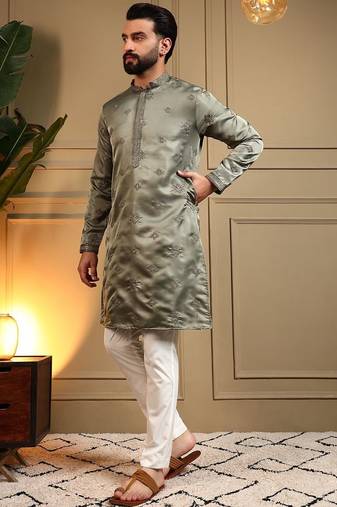 Royal silk olive green embroidered sequin kurta with cotton pyjama