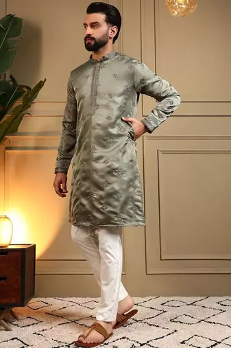 Royal silk olive green embroidered sequin kurta with cotton pyjama