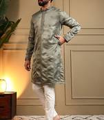 Royal silk olive green embroidered sequin kurta with cotton pyjama