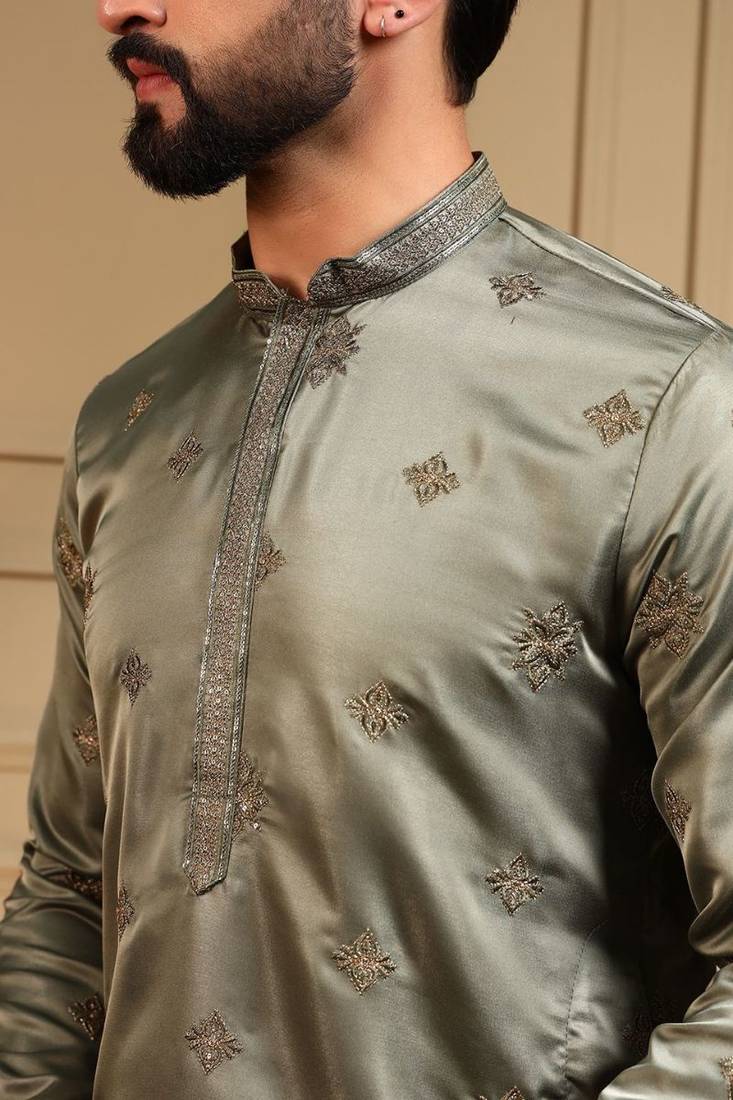Royal silk olive green embroidered sequin kurta with cotton pyjama