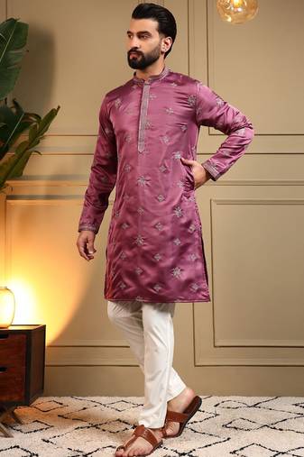 Royal silk purple embroidered sequin kurta with cotton pyjama