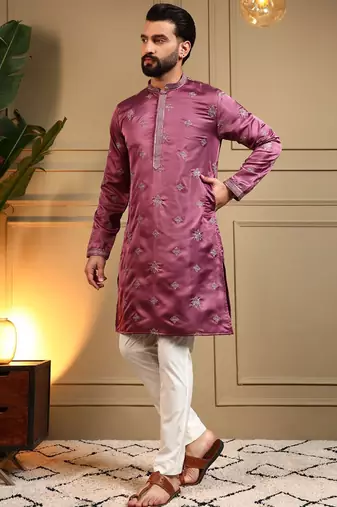 Royal silk purple embroidered sequin kurta with cotton pyjama