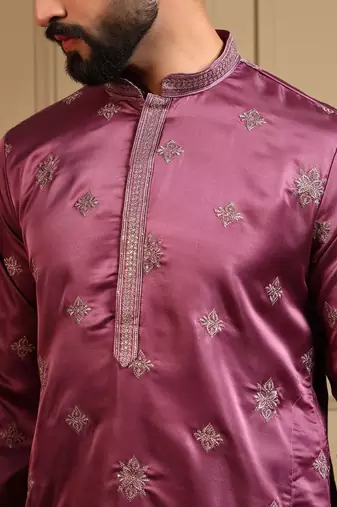 Royal silk purple embroidered sequin kurta with cotton pyjama
