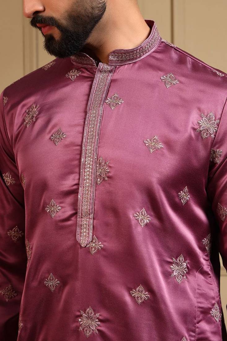 Royal silk purple embroidered sequin kurta with cotton pyjama