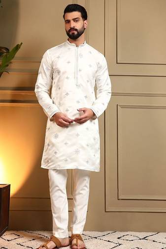 Royal silk white embroidered sequin kurta with cotton pyjama