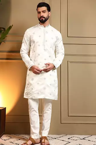 Royal silk white embroidered sequin kurta with cotton pyjama