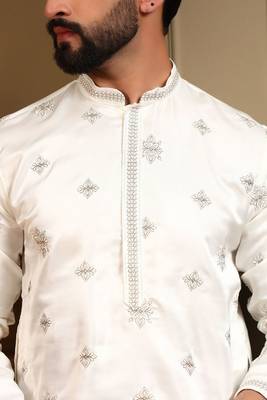Royal silk white embroidered sequin kurta with cotton pyjama 2