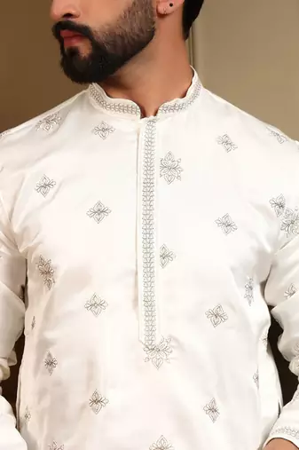 Royal silk white embroidered sequin kurta with cotton pyjama