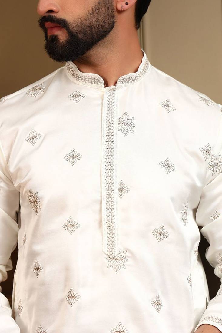 Royal silk white embroidered sequin kurta with cotton pyjama