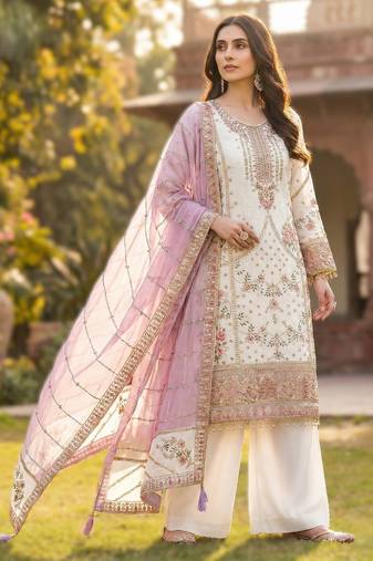 White pakistani style royal salwar kameez wear embroidered fox georgette set