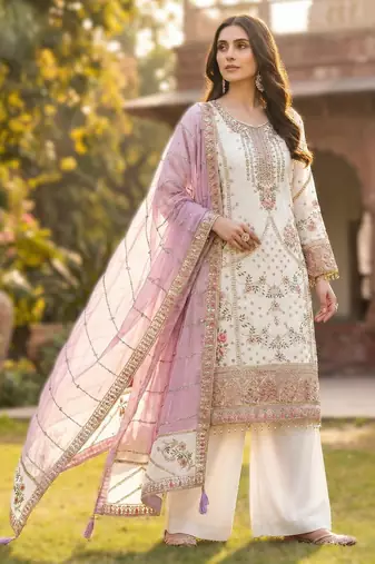 White pakistani style royal salwar kameez wear embroidered fox georgette set