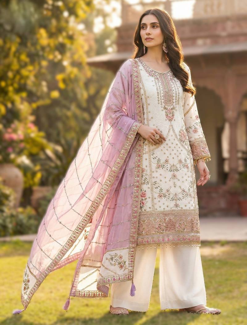 White  pakistani style royal salwar kameez wear – embroidered fox georgette set