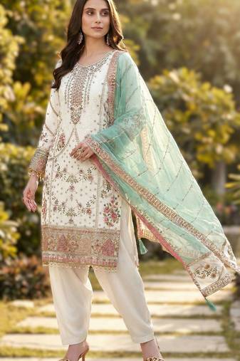 White pakistani style royal salwar kameez wear embroidered fox georgette set