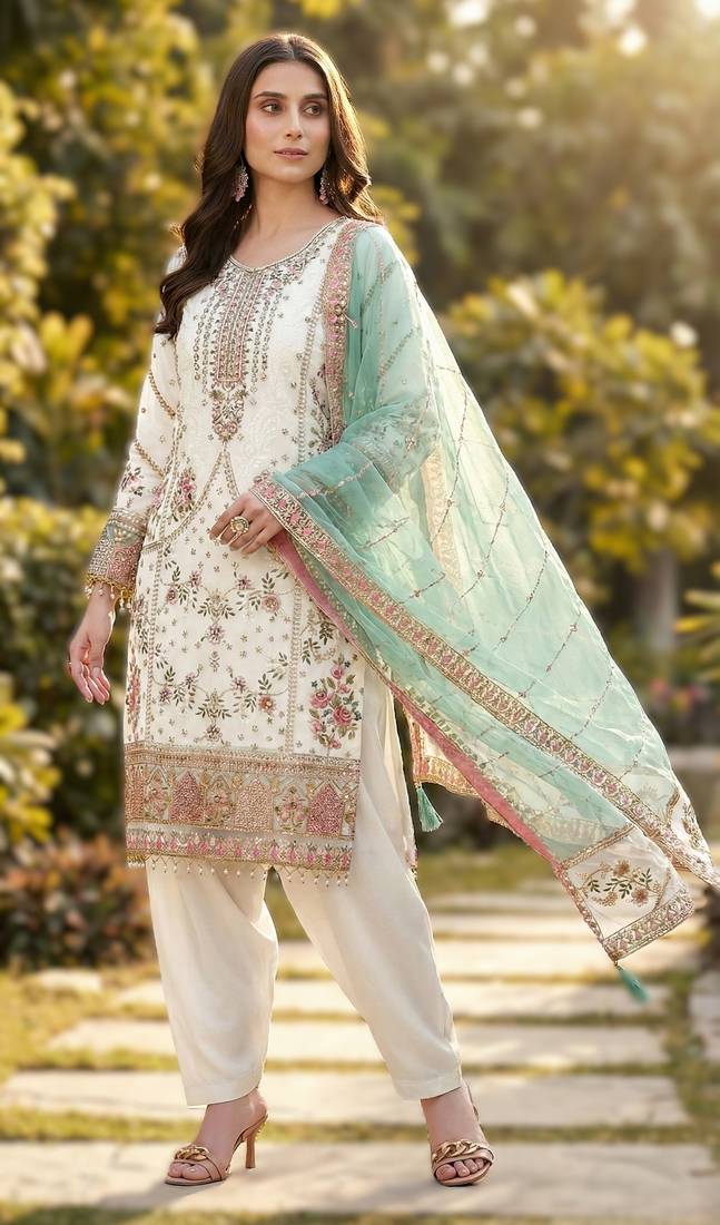 White pakistani style royal salwar kameez wear – embroidered fox georgette set