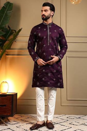 Royal silk wine embroidered sequin kurta with cotton pyjama
