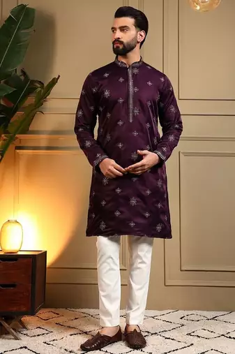 Royal silk wine embroidered sequin kurta with cotton pyjama