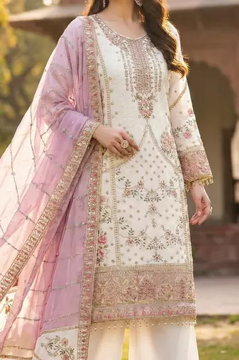 White pakistani style royal salwar kameez wear   embroidered fox georgette set