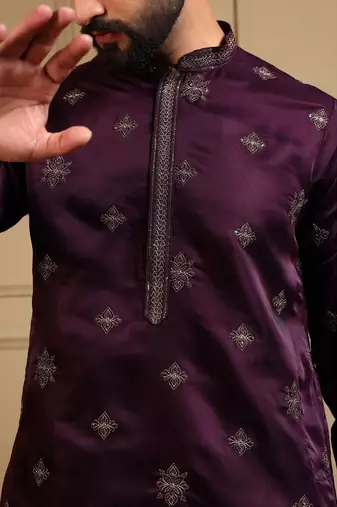Royal silk wine embroidered sequin kurta with cotton pyjama
