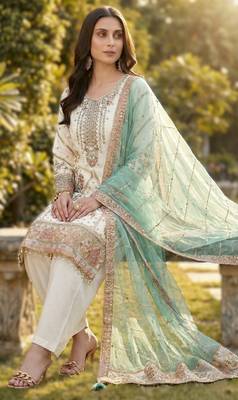White pakistani style royal salwar kameez wear   embroidered fox georgette set 2
