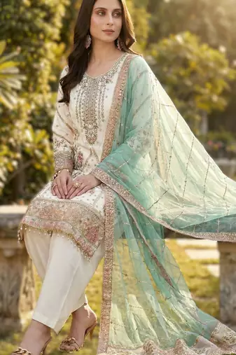 White pakistani style royal salwar kameez wear   embroidered fox georgette set