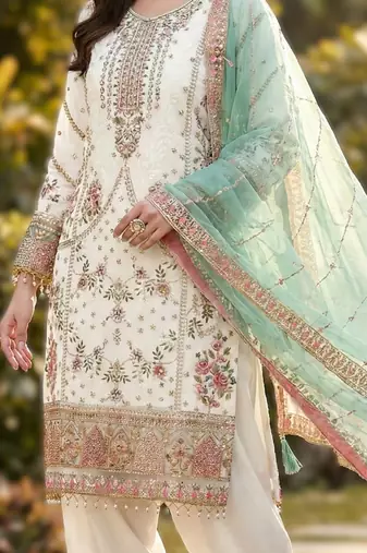 White pakistani style royal salwar kameez wear   embroidered fox georgette set