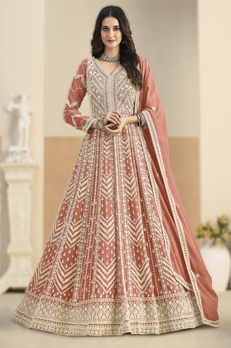Peach georgette gown with santool bottom & dupatta